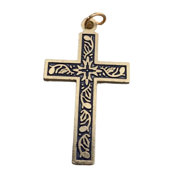 Vintage 1 1/4" Silvertone Pendant Cross Blue Embossing Jewelry for Necklace - Picture 3 of 7